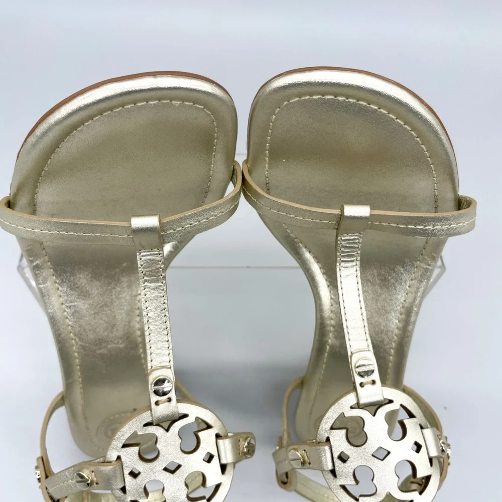 Tory Burch Miller T Strap Wedge Sandals Womens 7M Metallic Gold Leather Logo